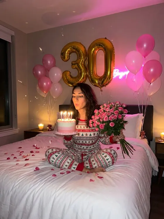 Девушка с тортом и шарами 30 на кровати